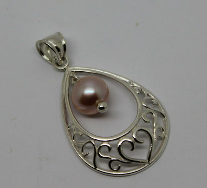 Sterling Silver 8mm White Pearl Heart Teardrop Tear Drop Pendant