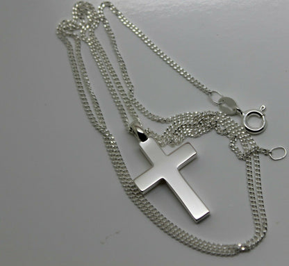 Solid New Sterling Silver 925 Plain Cross Pendant & 45cm Kerb Chain Necklace