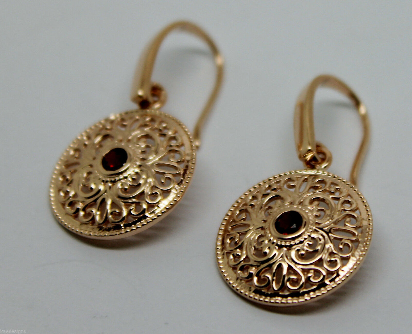 Kaedesigns New Genuine 9ct Yellow, Rose or White Gold Antique Red Ruby Filigree  Earrings