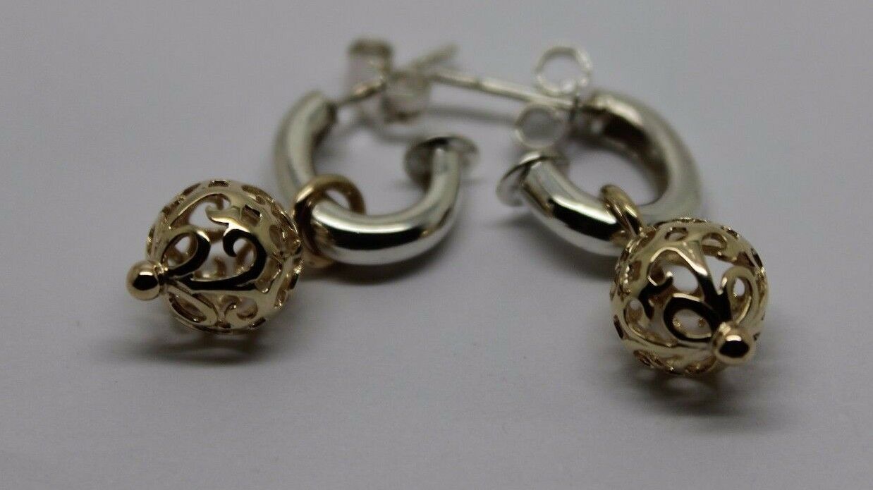 Genuine New 9ct 9k Yellow Gold & Sterling Silver Filigree Ball Stud Earrings