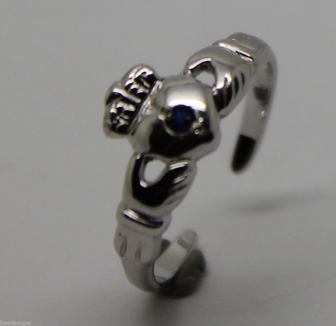 Genuine 9ct White Gold Irish Claddagh Blue Sapphire Toe Ring