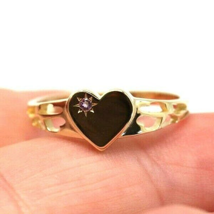 Genuine 9ct Yellow Gold 375 Amethyst (Birthstone Of February) Etched Heart Signet Ring