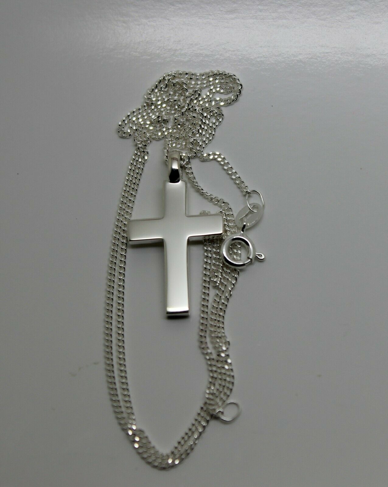 Solid New Sterling Silver 925 Plain Cross Pendant & 45cm Kerb Chain Necklace