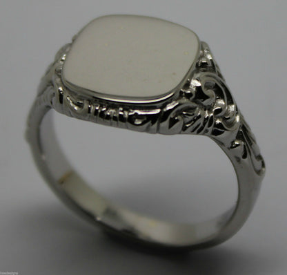 Size M Genuine Large Mens 9ct White Gold Square Engraved Signet Ring