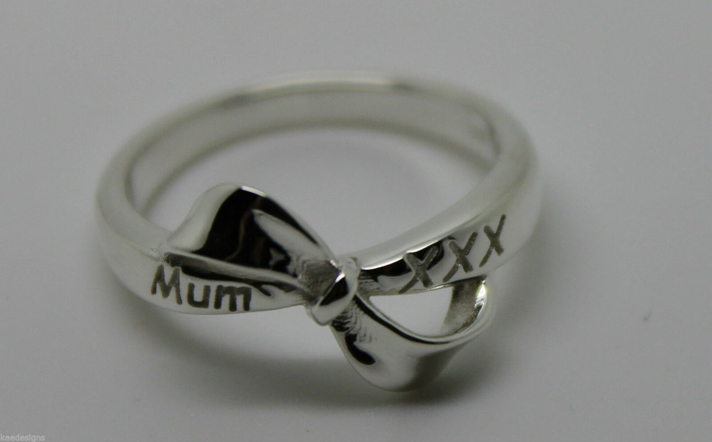 Mothers Day Ring 9ct 9kt Solid Yellow, Rose Or White Gold Bow Ring Engraved With Mum And Kisses