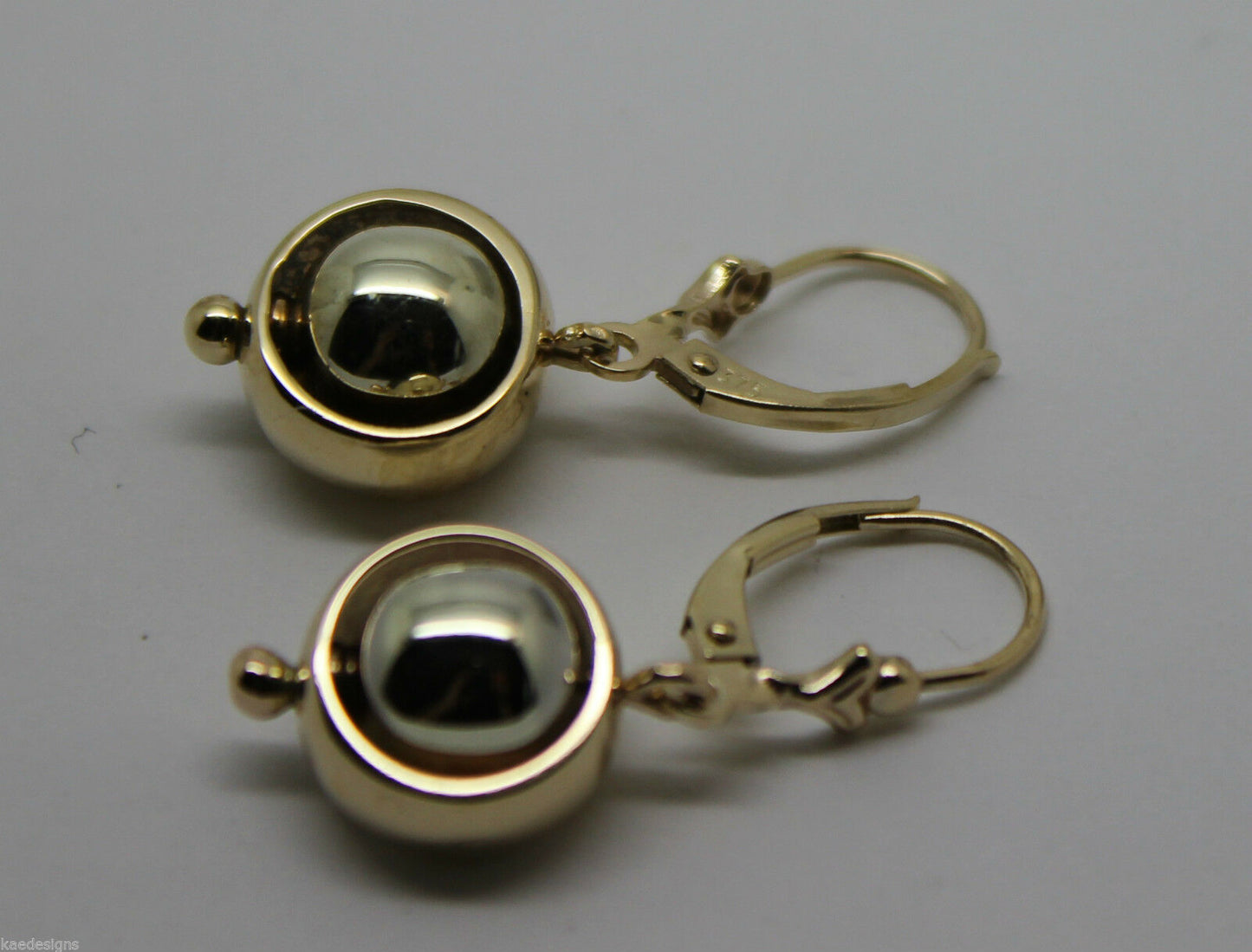 Genuine 9k 9ct White & Yellow Gold Spinning Belcher Ball Continental Hooks Drop Earrings