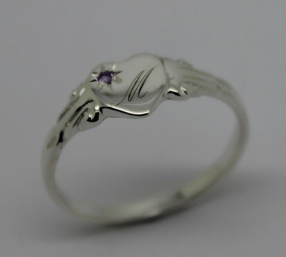 Sterling Silver Heart Amethyst Set Signet Ring Size N Engraved With 1 Initial