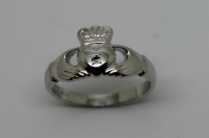 Genuine 9ct 9k 375 White Gold Blue Topaz (Birthstone Of November) Claddagh Ring