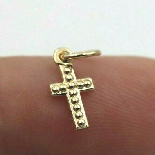 Genuine 9ct 9kt Genuine Tiny Very Small Yellow, Rose or White Gold Beaded Cross Pendant Charm