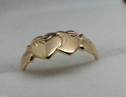 Size M Kaedesigns, Solid New 9ct 9kt Rose Gold Double Heart Signet Ring