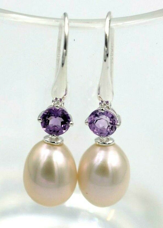 Sterling Silver 925 Oval Freshwater Cultured Pearl with 4-Claw 5mm Natural Amethyst Hook Earrings