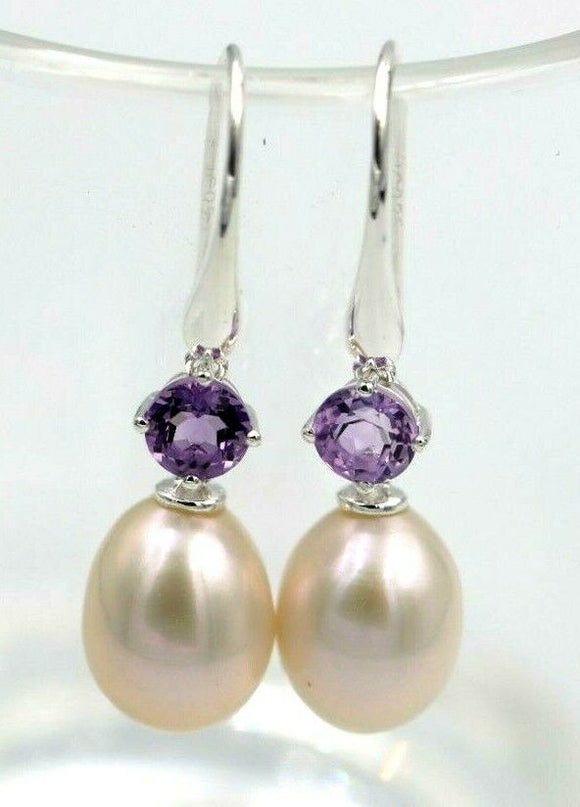 Oval Freshwater Cultured Pearl with 4-Claw 5mm Natural Amethyst Hook Earrings