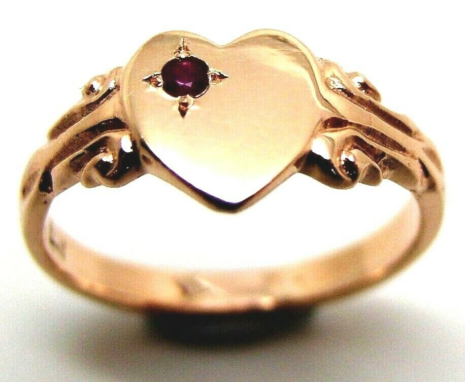 Genuine Solid 9ct Rose Gold Ruby Stone Heart Signet Ring -July Birthstone