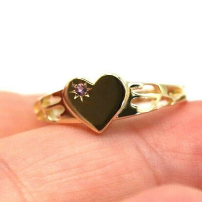 Genuine 9ct Yellow Gold 375 Amethyst (Birthstone Of February) Etched Heart Signet Ring