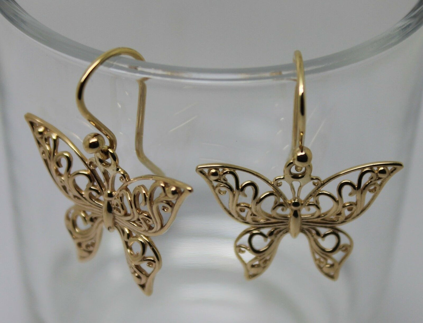 Genuine 9ct Yellow, Rose or White Gold Filigree Butterfly Drop Earrings