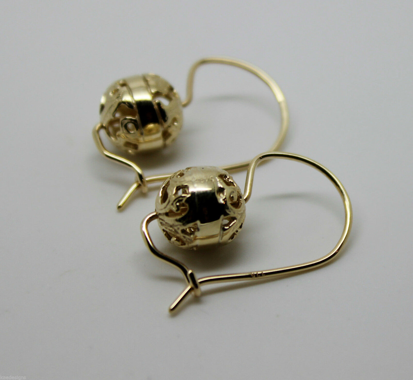 Kaedesigns 9ct Yellow, Rose or White  Gold 8mm Euro Ball Drop Filigree Earrings