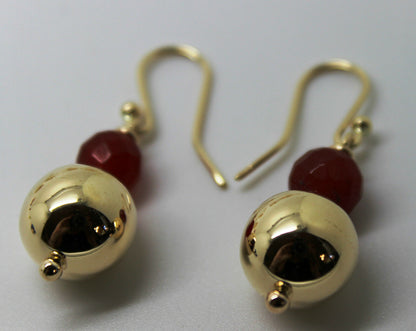 Genuine 9ct Yellow Gold 12mm Ball + 7mm Red Jade Faceted Earrings