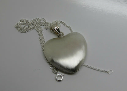 Genuine Sterling Silver Chain Necklace & Large Brushed Heart Pendant