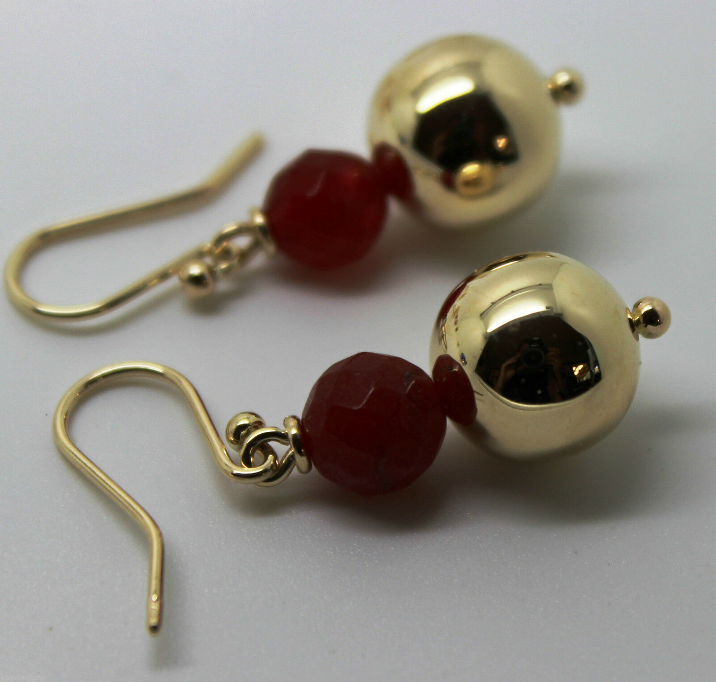 Genuine 9ct Yellow Gold 12mm Ball + 7mm Red Jade Faceted Earrings