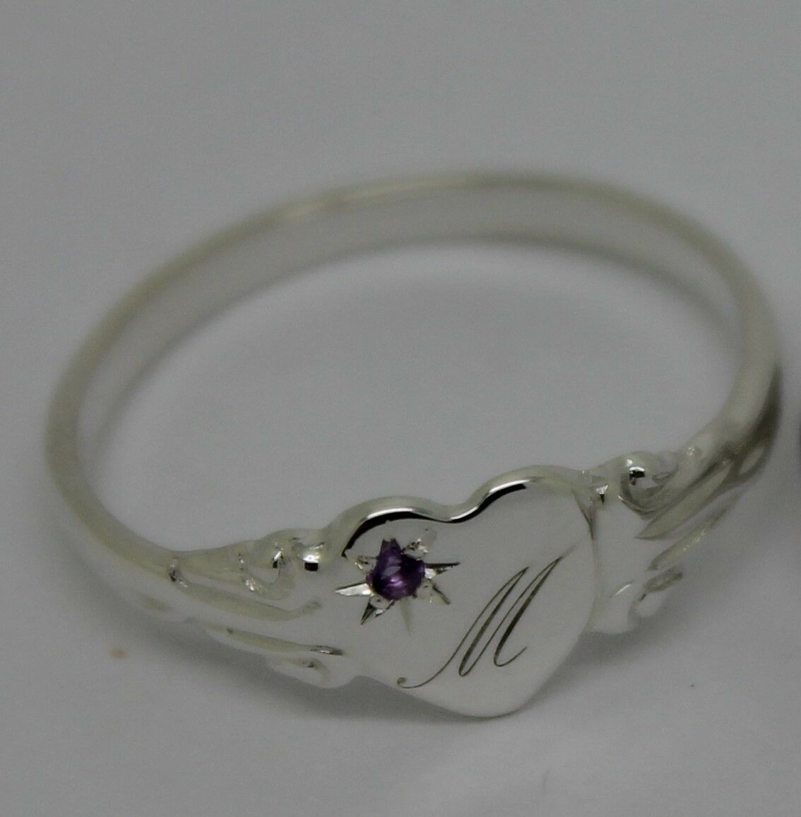 Sterling Silver Heart Amethyst Set Signet Ring Size N Engraved With 1 Initial