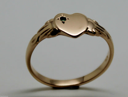 Size O 1/2 May Birthstone 9ct Solid Yellow, Rose or White Gold / 375 Green Emerald Stone Heart Signet Ring