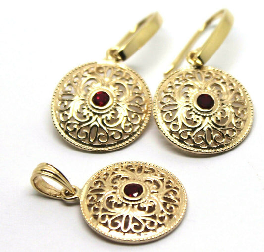 Kaedesigns Genuine 9K 9ct Yellow, Rose or White Gold Filigree Ruby Pendant & Earrings Set