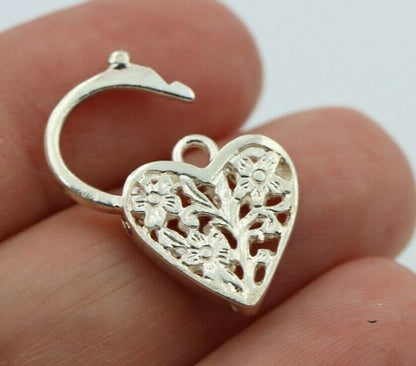 Medium Sterling Silver Filigree Flat Heart Padlock Pendant 15mm