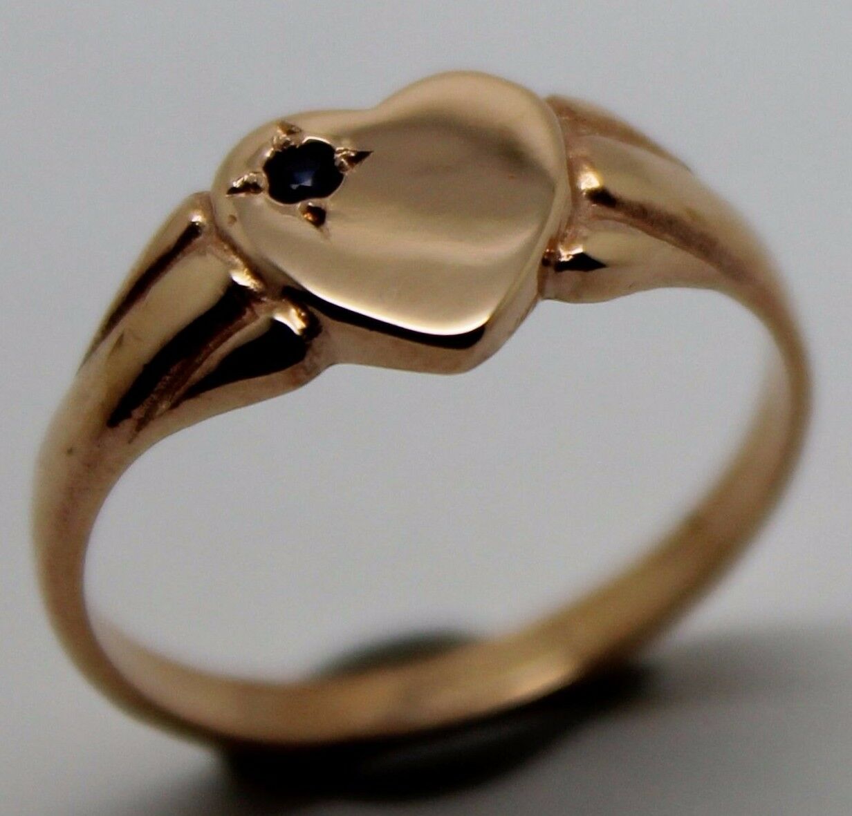 Genuine 9ct Heart Rose Gold Blue Sapphire Shield Signet Ring