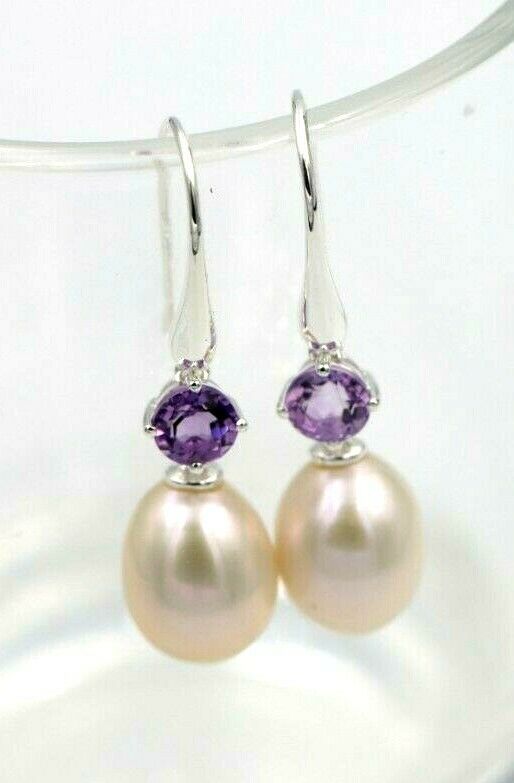 Sterling Silver 925 Oval Freshwater Cultured Pearl with 4-Claw 5mm Natural Amethyst Hook Earrings