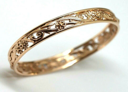 Genuine Solid 9ct 9k Yellow, Rose or White Gold Oval 9mm Filigree Flower Bangle