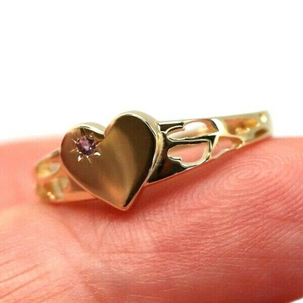 Genuine 9ct Yellow Gold 375 Amethyst (Birthstone Of February) Etched Heart Signet Ring