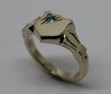 Genuine Solid 9ct 9kt White Gold Shield Signet Ring Set With Aqua Blue Cz