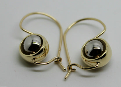 Genuine 9ct 9kt White & Yellow Gold Spinning Belcher Ball Drop Earrings