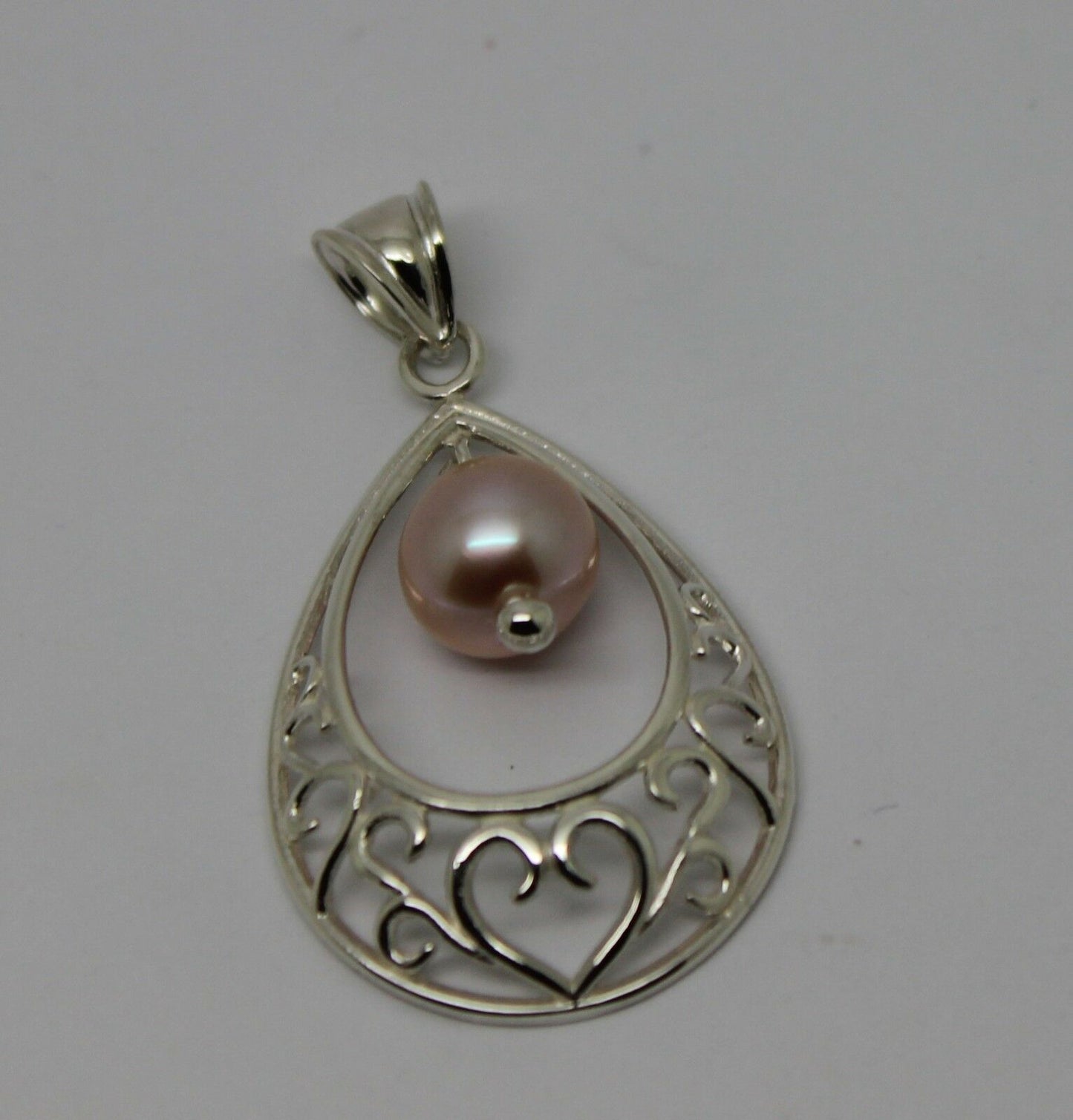 Sterling Silver 8mm White Pearl Heart Teardrop Tear Drop Pendant