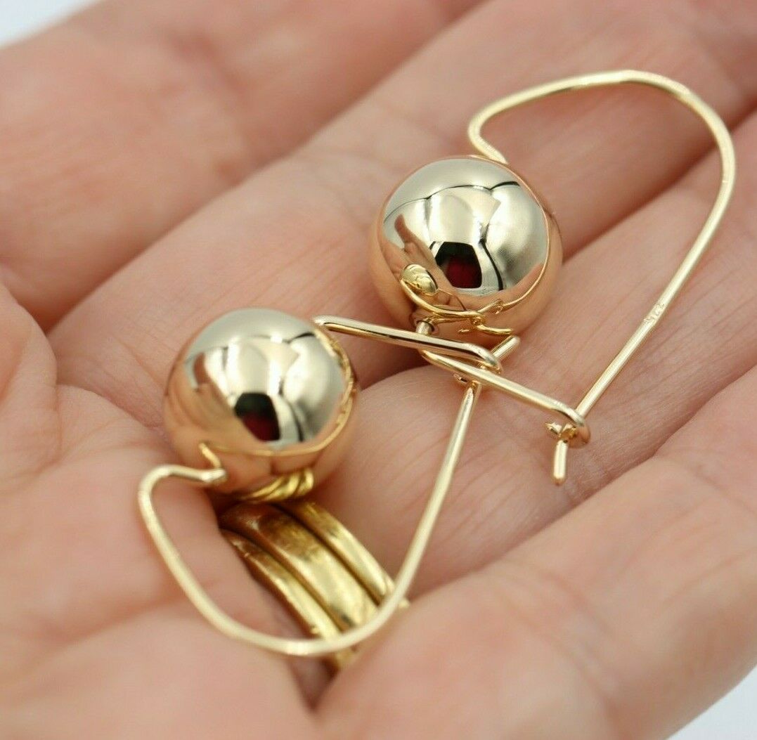 Genuine 9ct Yellow, Rose or White Gold 14mm Euro Ball Plain Drop Large Earrings 1mm size hooks