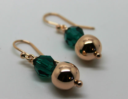 Genuine 9ct Rose Gold 10mm Ball + 8mm Emerald Green Faceted Earrings