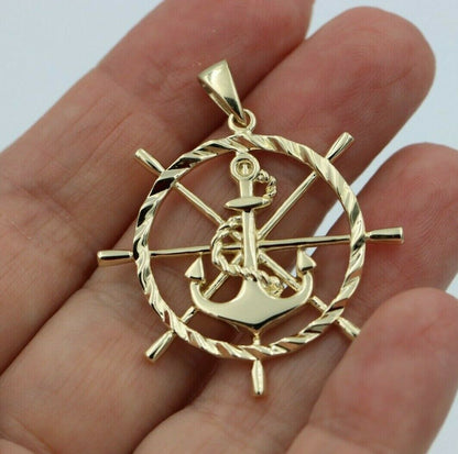 Huge Large 9k 9ct Yellow, Rose or White Gold Anchor Wheel Charm Pendant Nautical Pendant