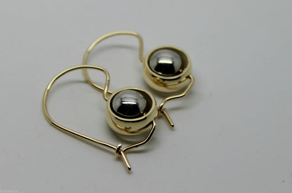 Genuine 9ct 9kt White & Yellow Gold Spinning Belcher Ball Drop Earrings