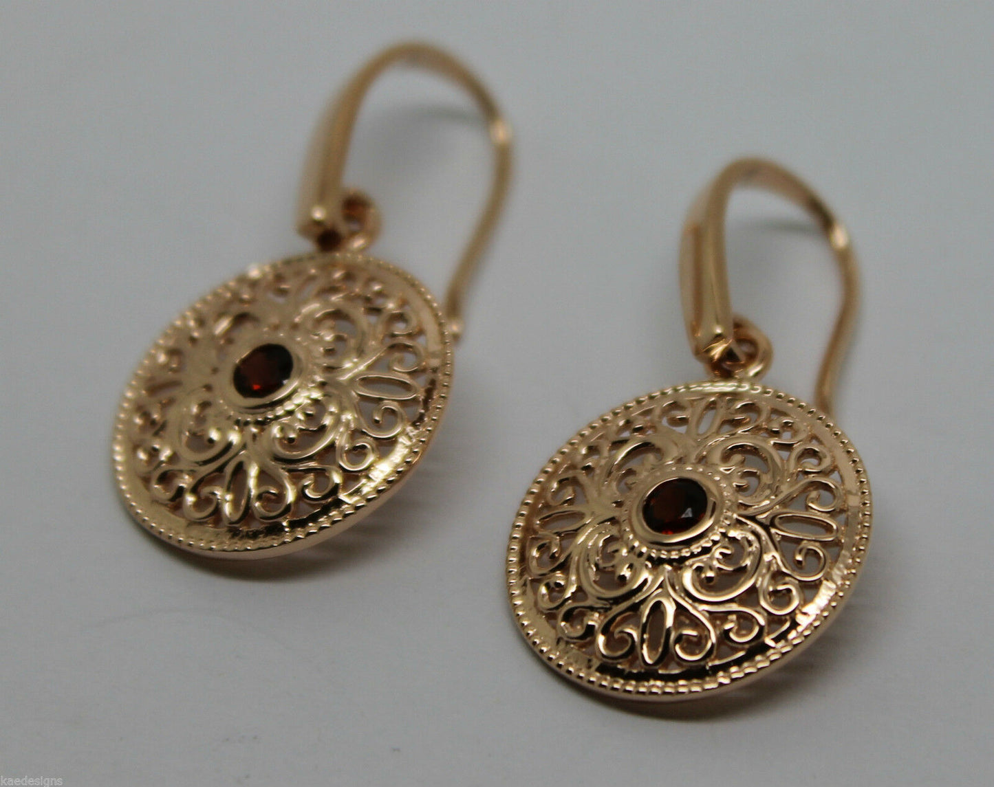 Kaedesigns New Genuine 9ct Yellow, Rose or White Gold Antique Red Ruby Filigree  Earrings