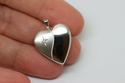 Sterling Silver Heart Diamond Heart Brushed/Polished Locket