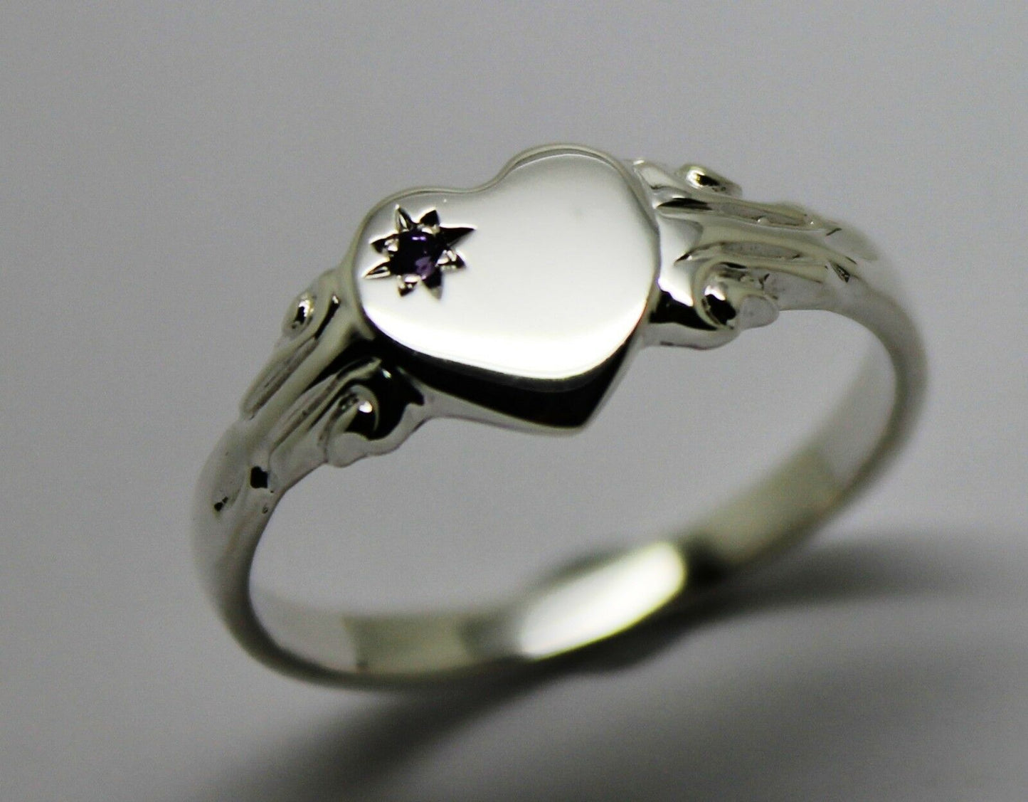 Genuine Full Solid New Sterling Silver Heart Amethyst Set Signet Ring Size N