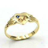 Size K 9ct Yellow, Rose or White Gold Heart Signet ring Set Blue Sapphire + Engraving 1 initial