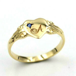 Size K 9ct Yellow, Rose or White Gold Heart Signet ring Set Blue Sapphire + Engraving 1 initial