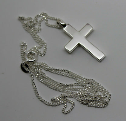 Solid New Sterling Silver 925 Plain Cross Pendant & 45cm Kerb Chain Necklace