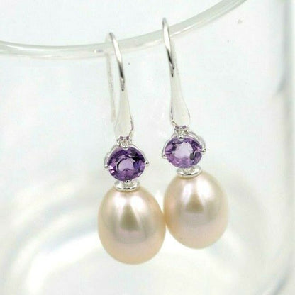 Sterling Silver 925 Oval Freshwater Cultured Pearl with 4-Claw 5mm Natural Amethyst Hook Earrings