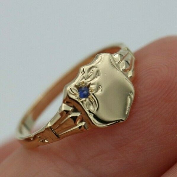 Genuine 9ct Small Yellow Gold Blue Sapphire Shield Signet Ring - Choose your ring size