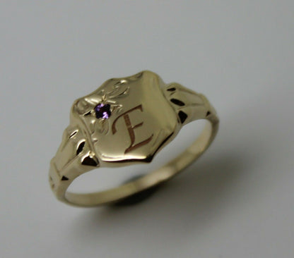 9ct Small Yellow Gold Amethyst Shield Signet Ring + Engraving Of One Initial - Choose your size