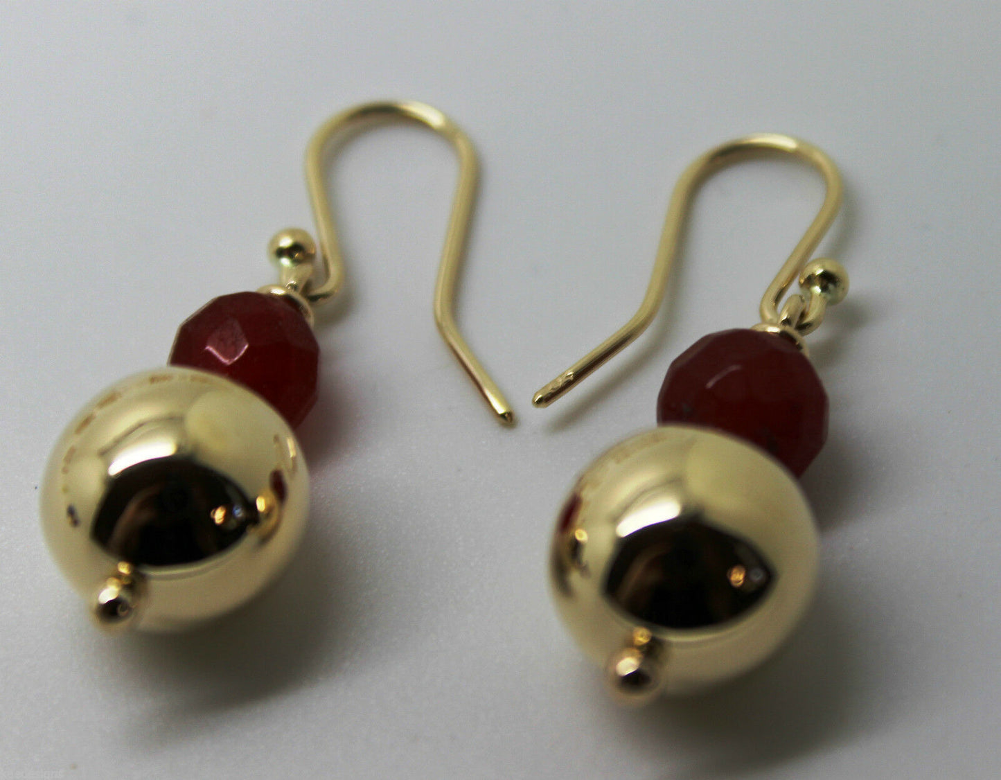 Genuine 9ct Yellow Gold 12mm Ball + 7mm Red Jade Faceted Earrings