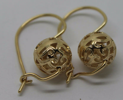 Genuine 9ct Yellow, Rose or White Gold 10mm Euro Ball Drop Filigree Earrings