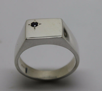 Size W Mens Solid Sterling Silver Black Sapphire Square Signet Ring